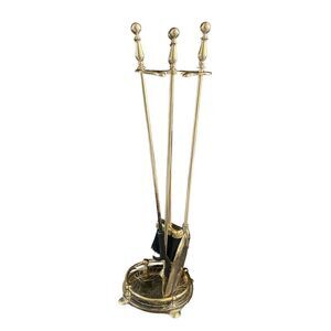 American 4 Piece Set Brass Fireplace Tools Stand with Campfire Decor Mid Century